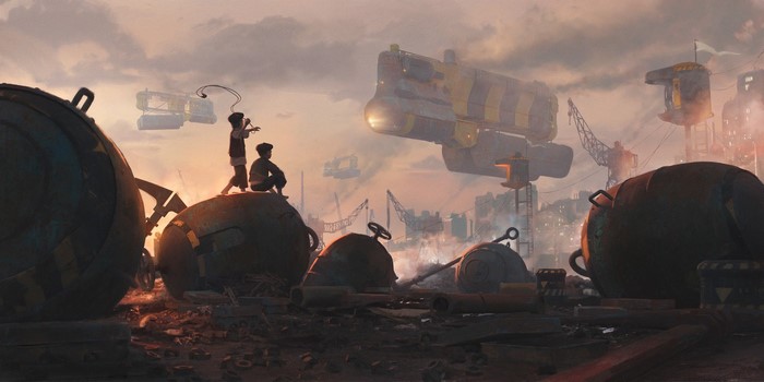 Children in a futuristic junkyard with airships