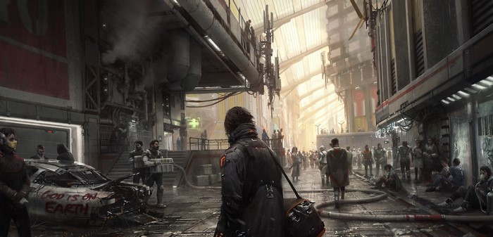 Futuristic city street with damaged car and crowds