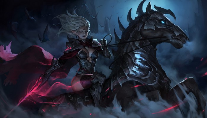 Elf woman in armor riding a dark horse