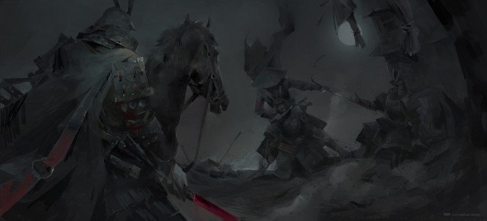 Samurai warriors in a dark battle scene with a horse