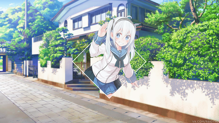 Anime girl with blue eyes waving in front of a house