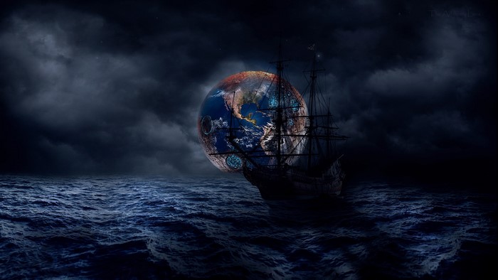 Pirate ship sailing on a stormy sea with planet Earth