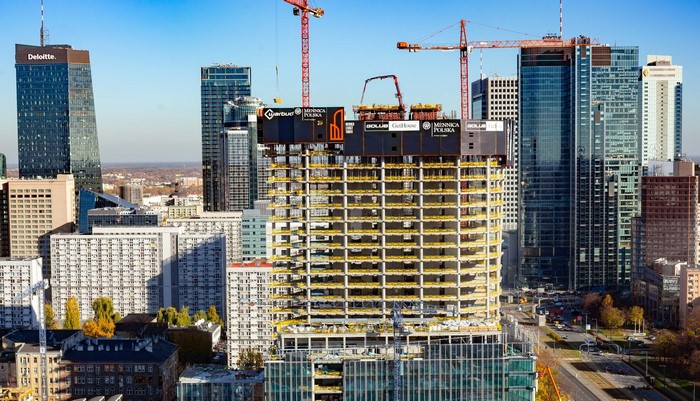 Warsaw cityscape with skyscrapers and construction site
