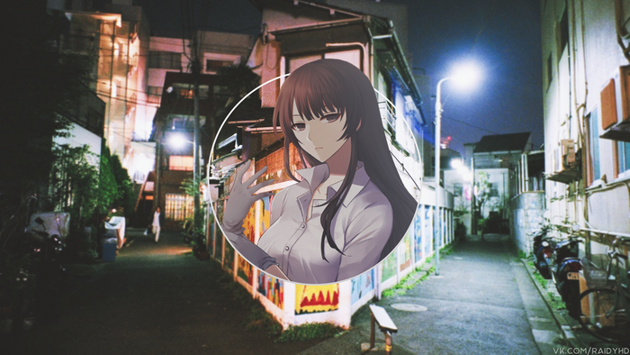 Anime girl in a circle overlay on a Japanese alleyway at night