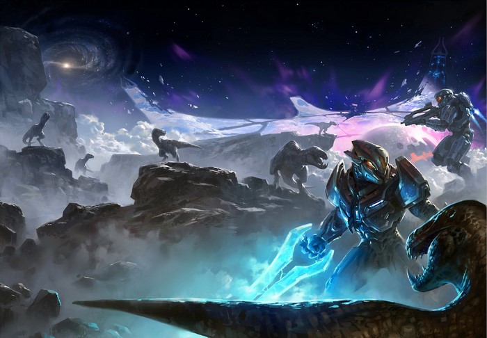 Elite from Halo fighting dinosaurs in space