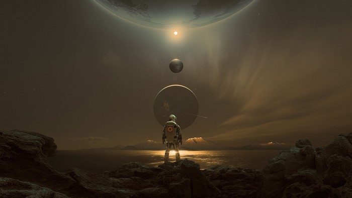 Astronaut on alien planet looking at celestial bodies
