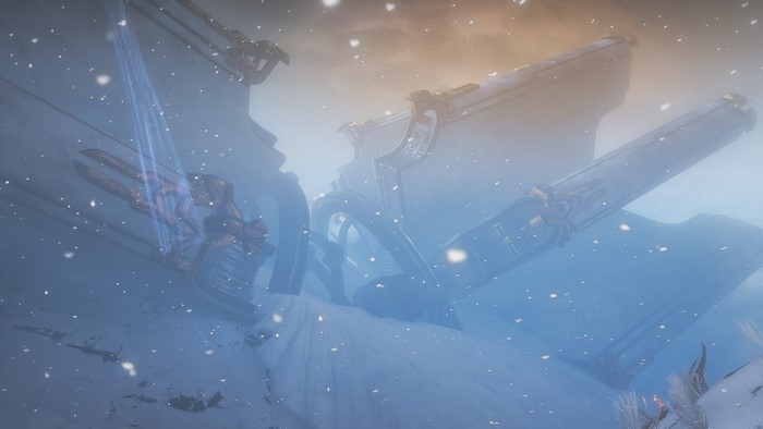 Warframe screenshot of a snowy landscape with structures