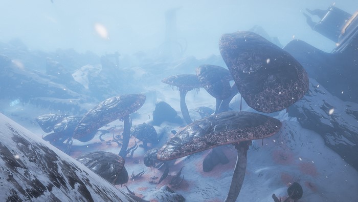 Warframe screenshot of alien mushrooms in snow
