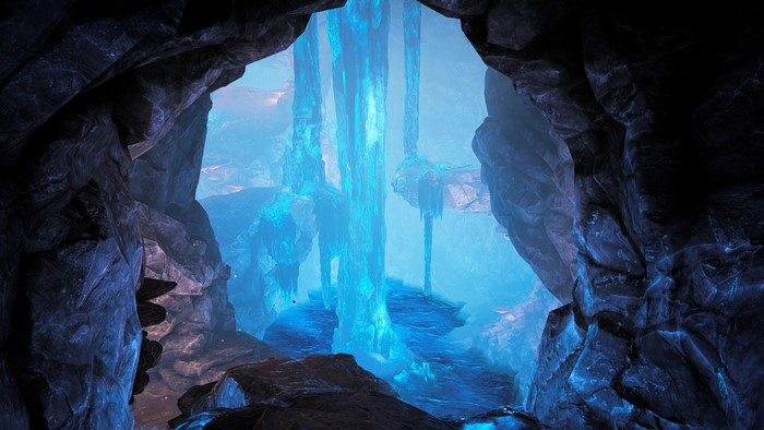 Cave interior with glowing blue ice formations