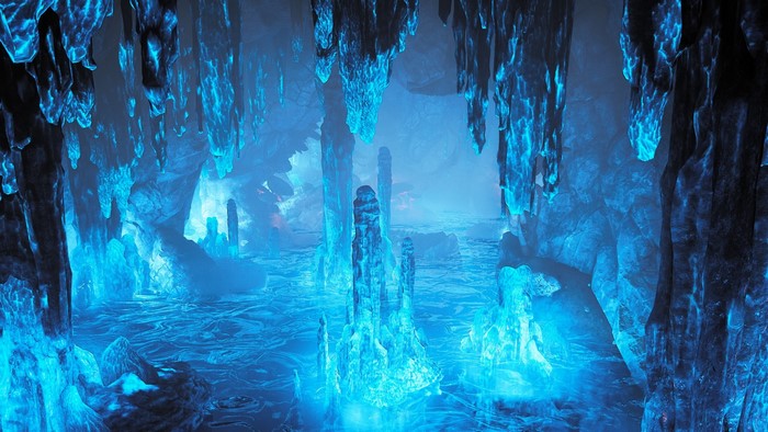 Cyan cave with glowing formations in Warframe
