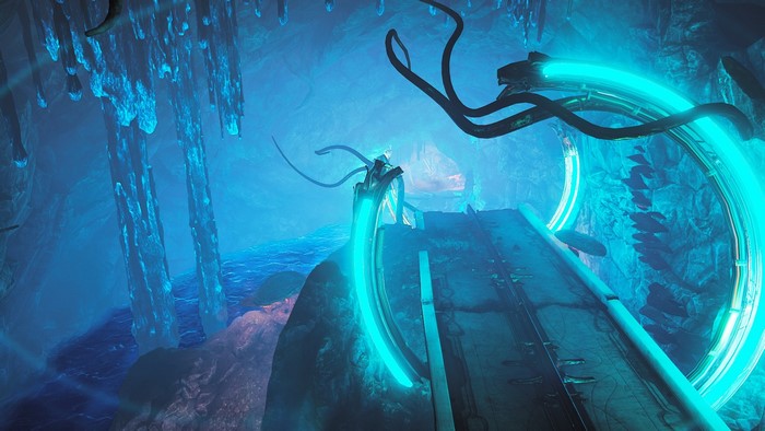 Warframe screenshot of a glowing cave environment