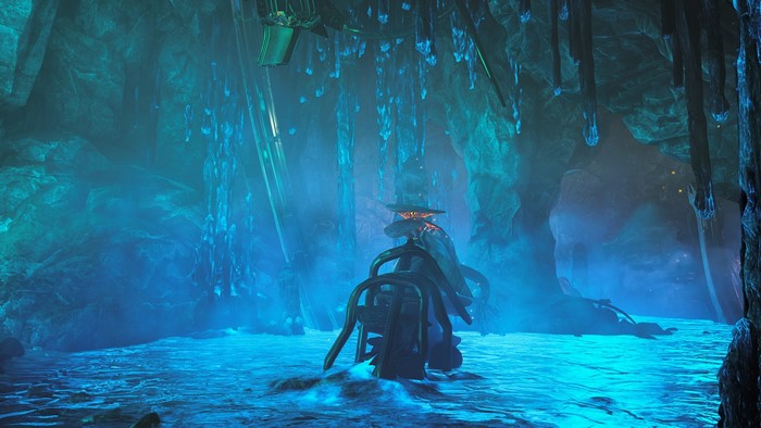 Warframe cave with glowing formations