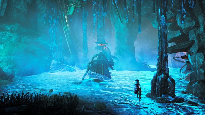 Warframe screenshot in a glowing cave