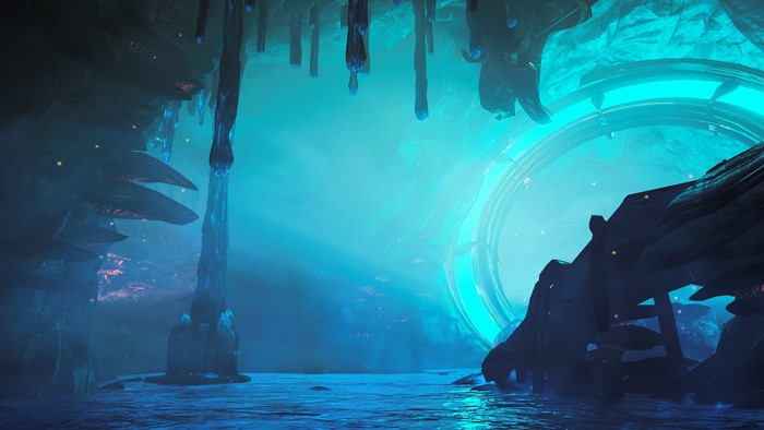 Cave with glowing portal in Warframe