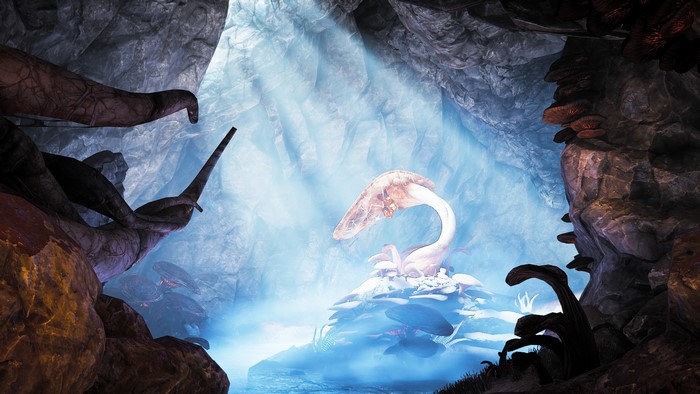 Warframe screenshot of a cave with alien flora