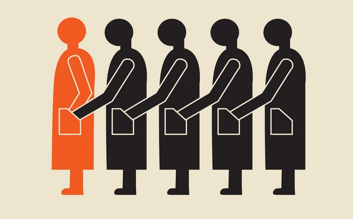 Orange and black figures in a line with pockets