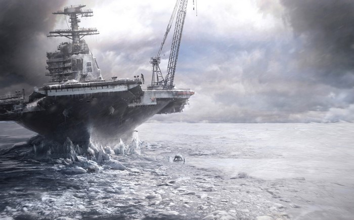 Aircraft carrier stuck in Arctic ice with crane