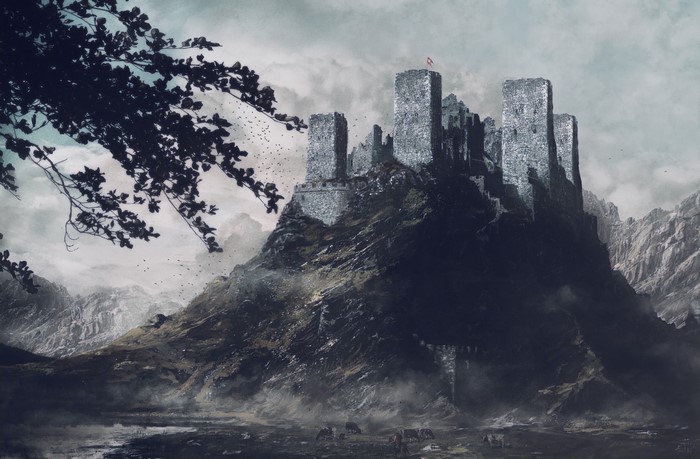 Digital art of a ruined castle on a mountain by Viktor Póda