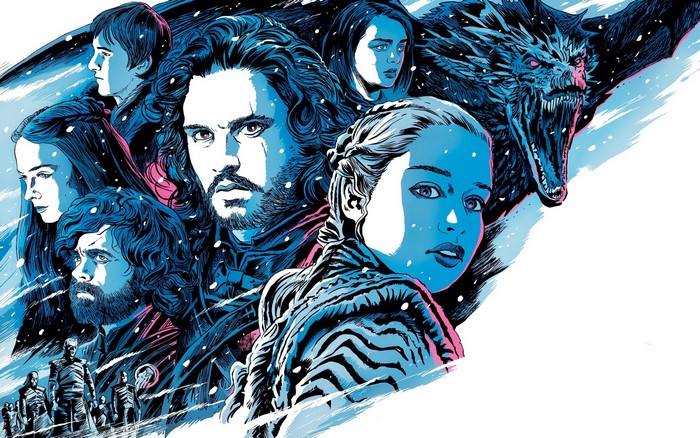 Game of Thrones characters and dragon artwork