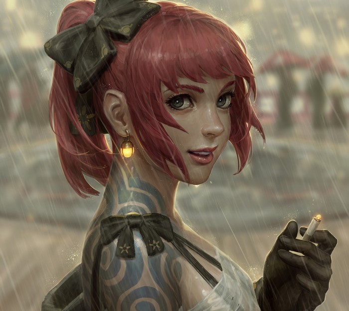 Woman with red hair and tattoos smoking in the rain