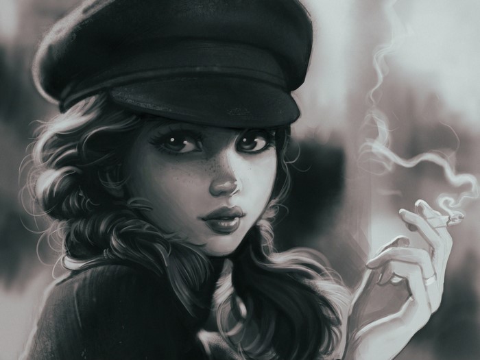 Monochrome drawing of a woman in a hat smoking
