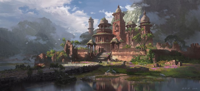 Ancient temple ruins by a river with mountains