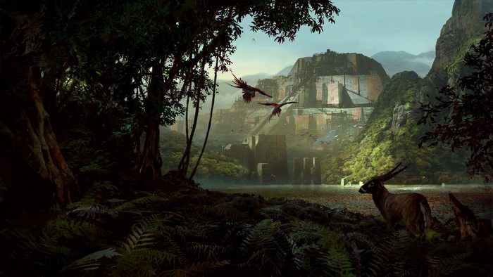 Ancient ruins in a jungle with birds and an antelope