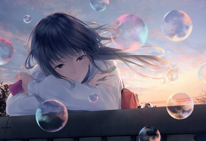 Anime girl with dark hair and bubbles at sunset