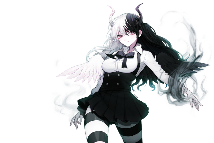 Anime girl with black and white hair, horns, and wings
