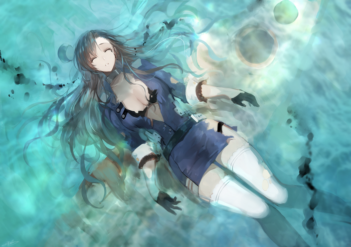 Anime girl floating in cyan water