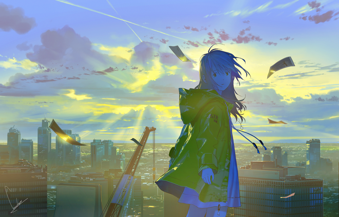 Anime girl in green jacket overlooking cityscape at sunset