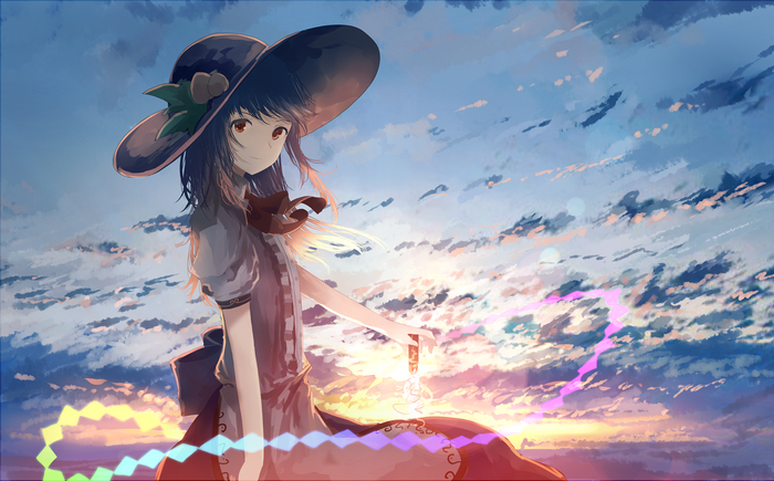 Anime girl with hat under the sky