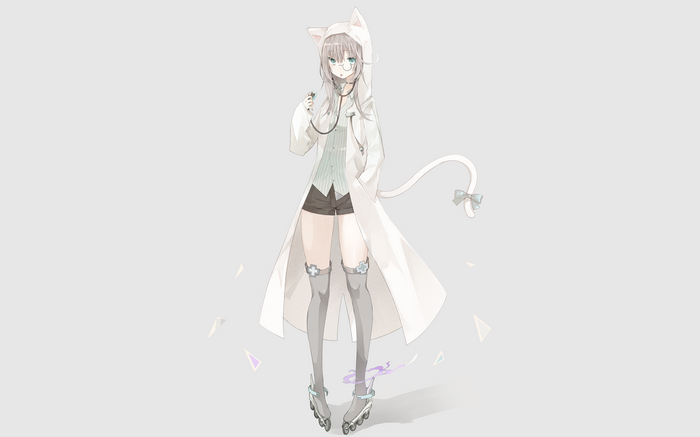 Anime girl with cat ears and tail wearing a lab coat