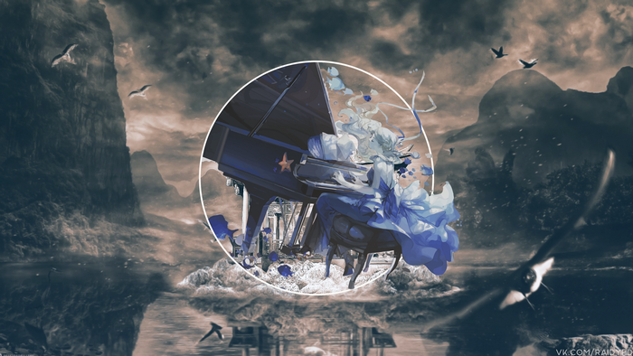 Anime girl playing piano in a surreal landscape