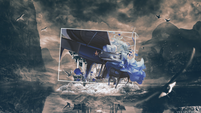 Anime girl playing piano on clouds with birds