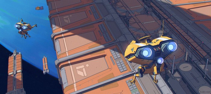 Yellow drones near orange space station with blue planet