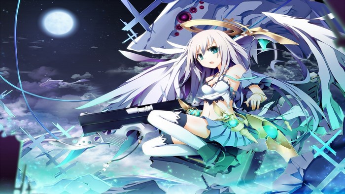 Anime girl with white hair and wings holding a gun
