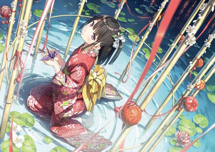 Anime girl in kimono holding origami crane by bamboo