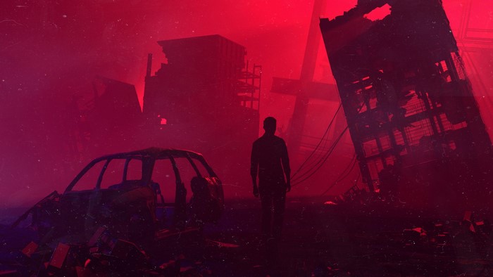 Man in dystopian ruined city with red sky