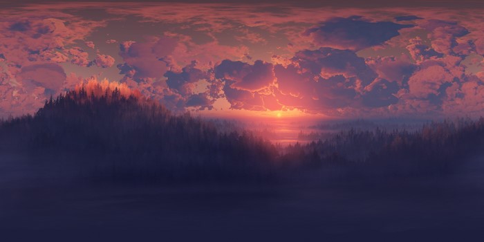 4K Sunset Over Forested Hills with Clouds