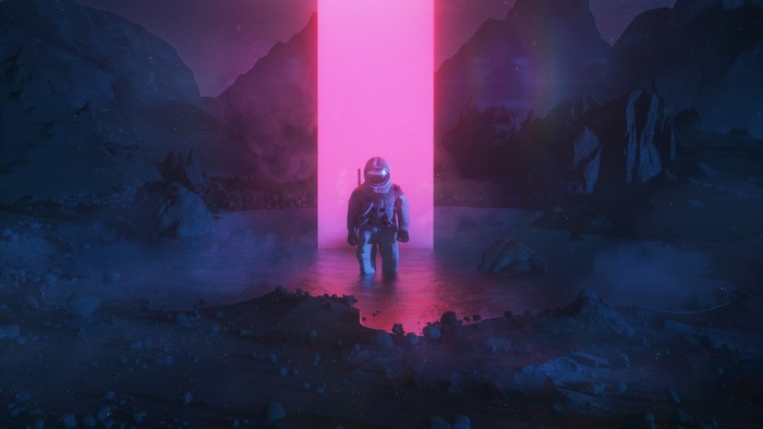 Astronaut standing in water near a pink monolith