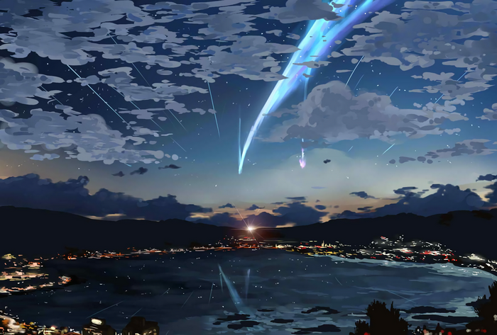 Anime landscape with shooting stars over a city at dusk