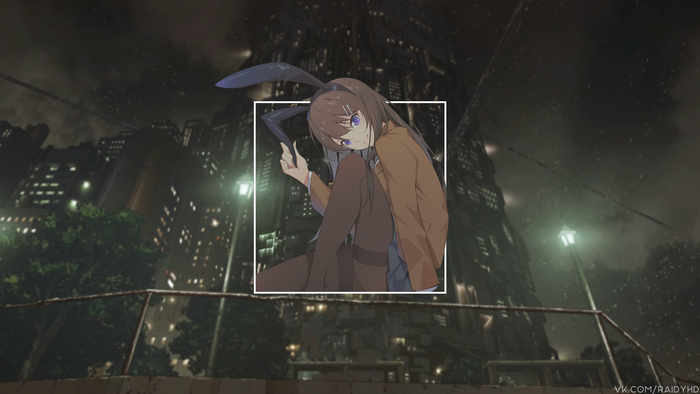Anime girl with bunny ears in a city at night