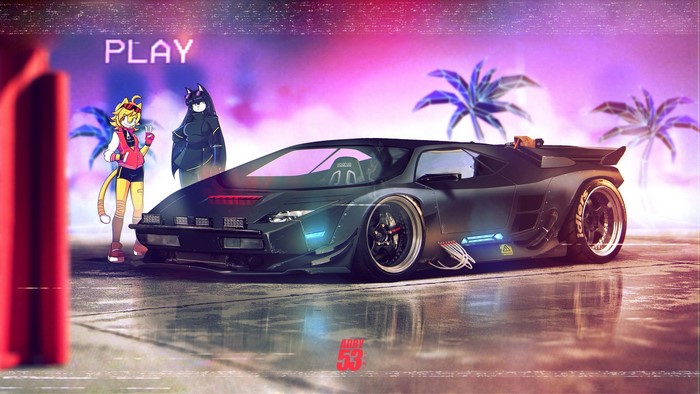 Anime characters and a futuristic car in a vaporwave setting