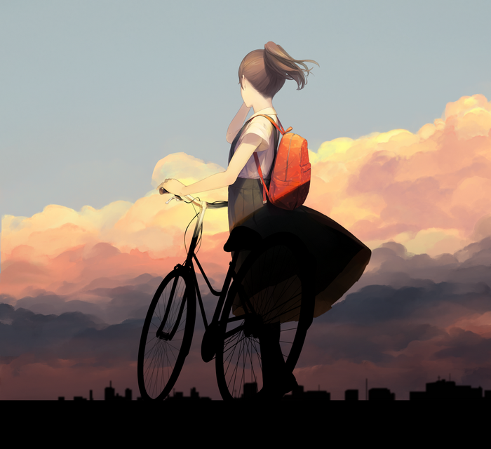 Anime girl with backpack and bicycle against sunset clouds