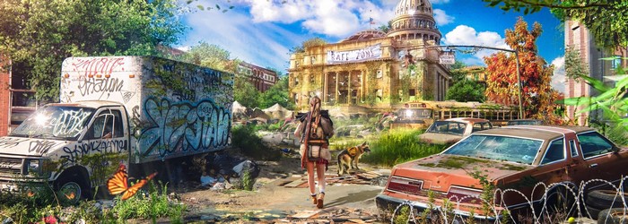 Woman with dog in apocalyptic city