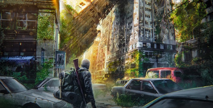 Man with rifle in post-apocalyptic city
