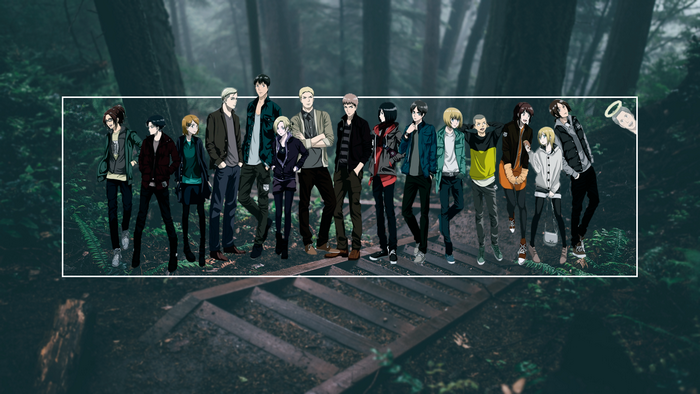 Characters from Shingeki no Kyojin in a forest
