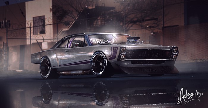 Customized classic car with racing decals on wet street