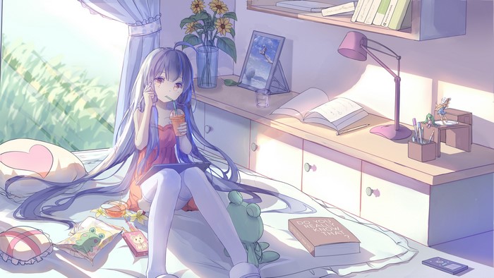 Anime girl with long hair in a room